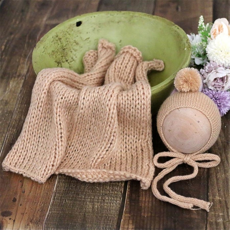 Camel Baby Photography Outfit Set With Hat Wrap Basket Rug Newborn Photoshoot Props - Image 5